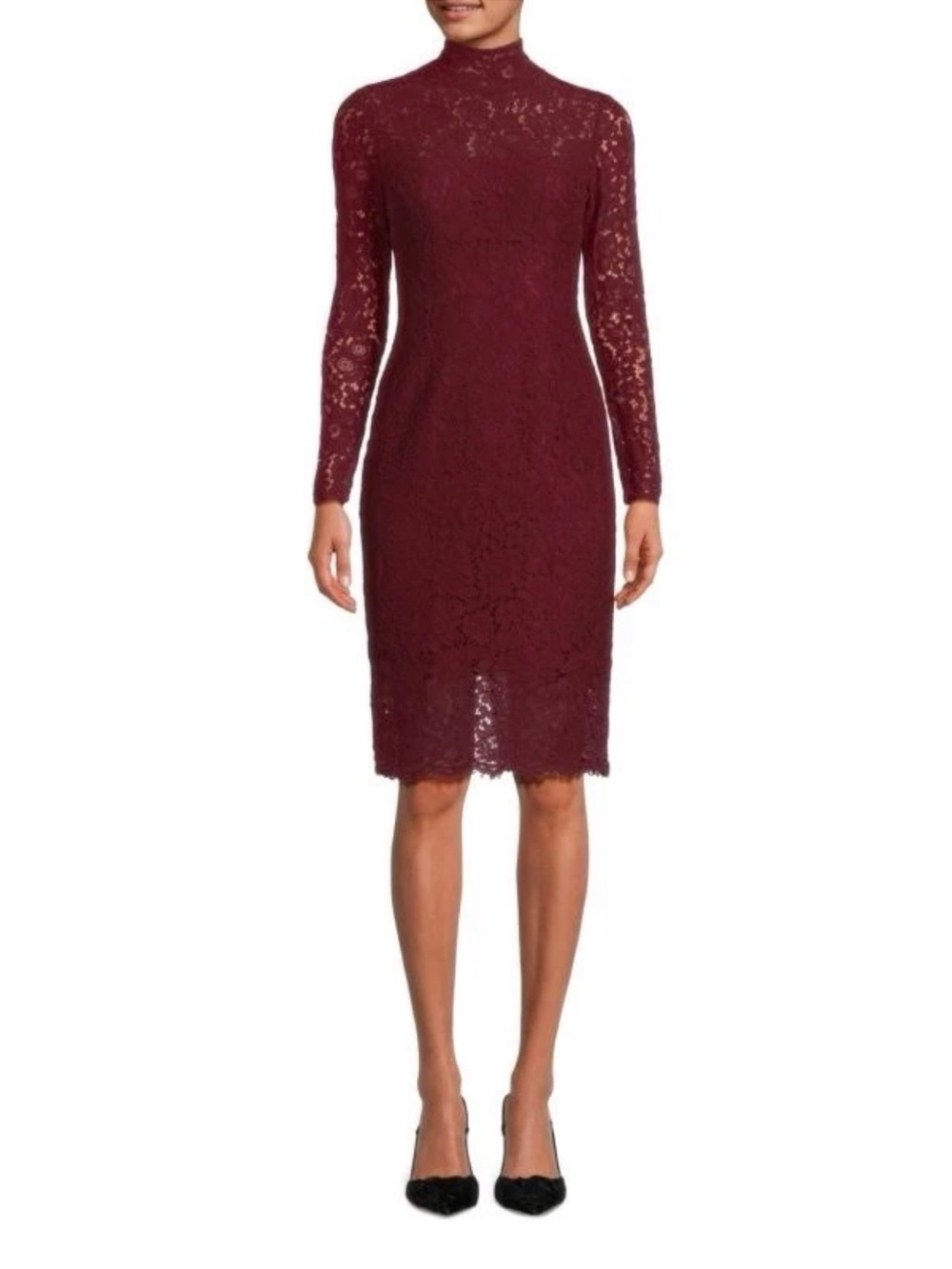 ML Monique Lhuillier dress Lace Sheath Burgundy Long Sleeve High Neck Sz 10 R81